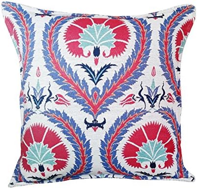Misspon Turkish Ceramic Tile Design Pillow Case Collection - Floral Pattern Pillow Case - Woven Cotton Fabric - Red Blue Pillow Cover 16.5"x16.5" inches 42x42cm