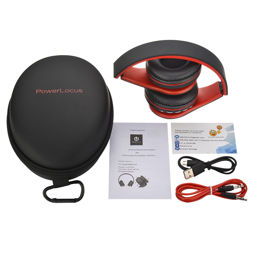 Casque Bluetooth, PowerLocus Sans Fil Bluetooth Over-Ear Stéréo Pliable Casque , Filaire Headsets Cancellation du Bruit Avec Microphone pour iPhone, Samsung, LG, iPad (Noir/Rouge)