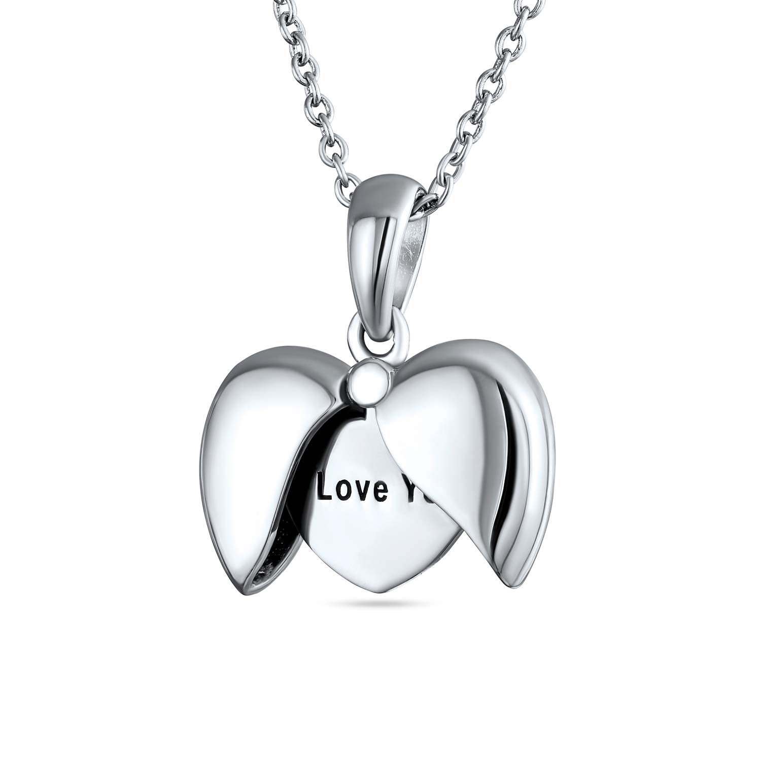 Bling Jewelry Engraved Saying I LOVE YOU Opening Angel Wing Heart Shape Locket Necklace Pendant For Girlfriend Women .925 Sterling Silver