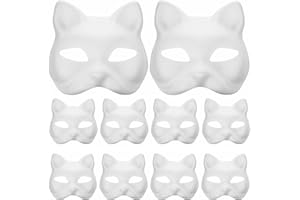 Sealhuan 10PCS Therian Masks Cat Mask DIY Paintable Blank Masks White PVC Mask Animal Cosplay Dress Up Mask Plain Masquerade Masks for Halloween Carnival Party Favors