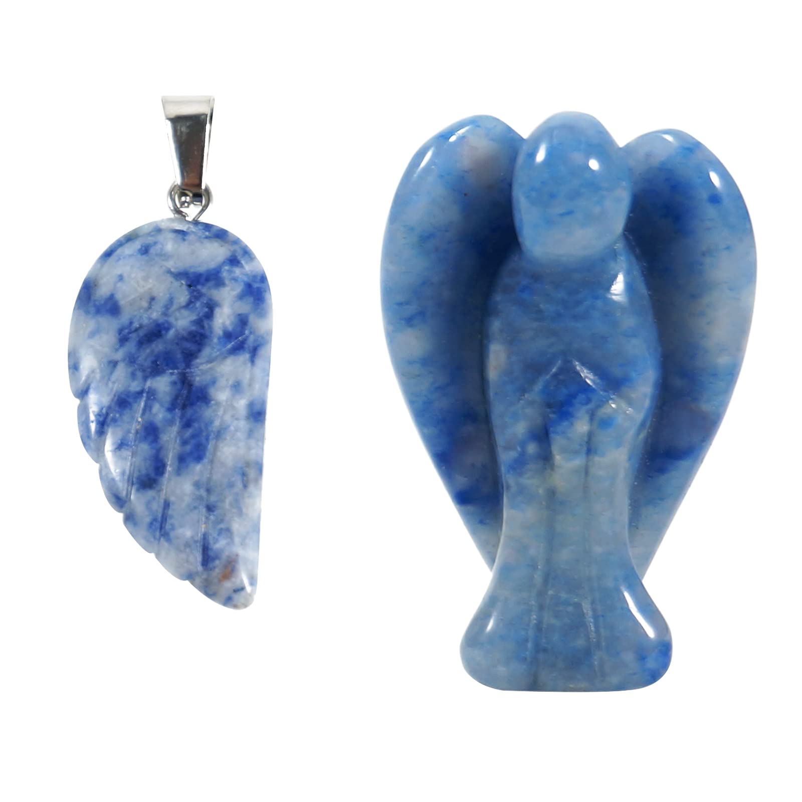 soulnioi 1.5" Natural Healing Crystal Gem Statue Guardian Angel Figurine for Home Room Decoration Ornament (Blue Aventurine), and 1pc Angel Wings Crystal Carved Necklace Pendant (30 * 15mm)