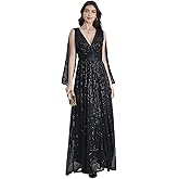DQHKOW Women's Sequins Deep V Fashion Slit Shoulder Maxi Dresses Formal Evening Gowns.