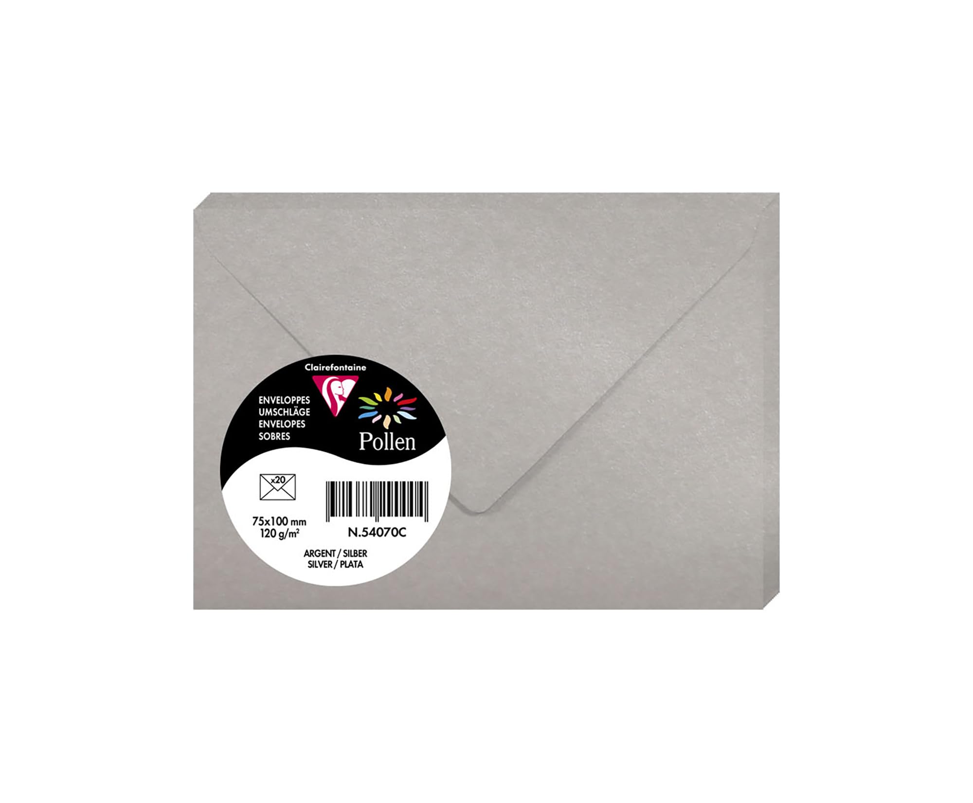 Clairefontaine 54070C Silver Iridescent Paper Pack of 20 Gummed Envelopes 7,5x10cm 120gsm Invitation Events Correspondence Pollen Range Premium Smooth