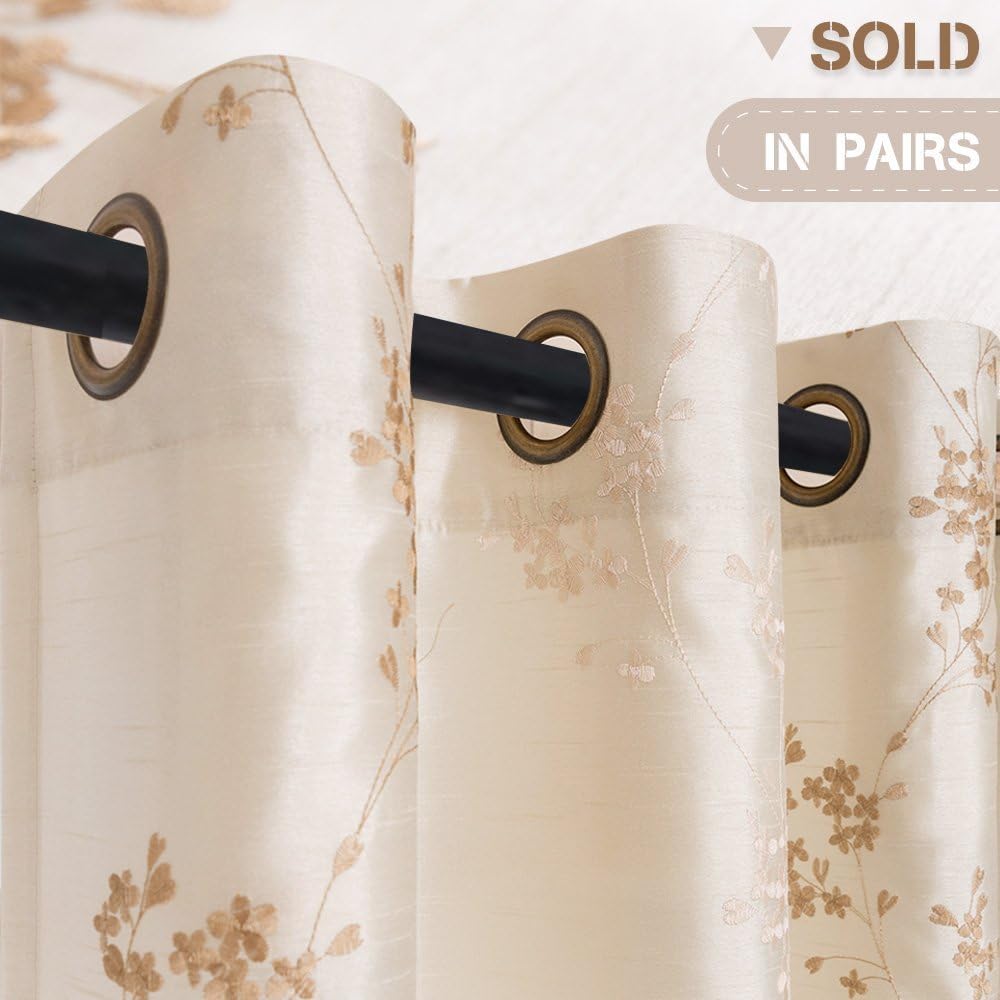 Faux Silk Floral Embroidered Sheer Curtains for Bedroom Embroidery Curtain for Living Room 84 inch Length, 2 Panels