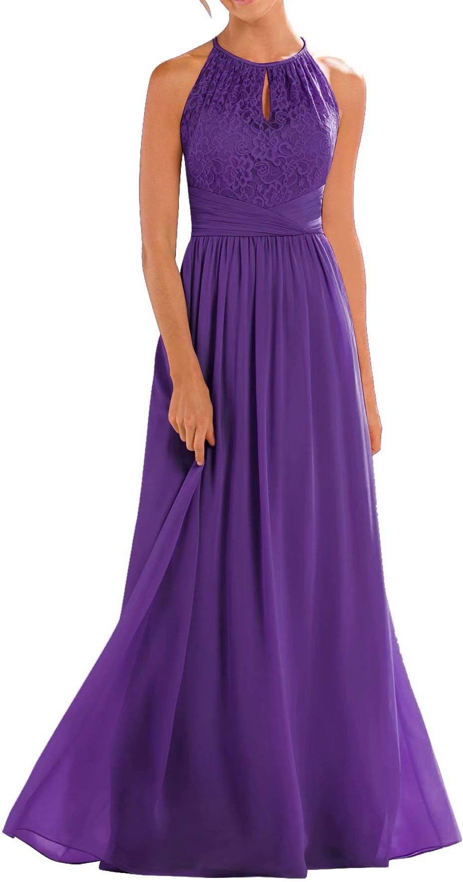 High Neckline Halter Lace Bridesmaid Dresses Long A-line Chiffon Floor-Length Formal Gowns