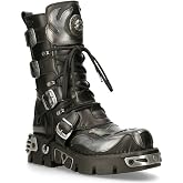 New Rock Men's 107-S2 Silver Metallic Skull Devil Goth Punk Leather Calf Boots 4