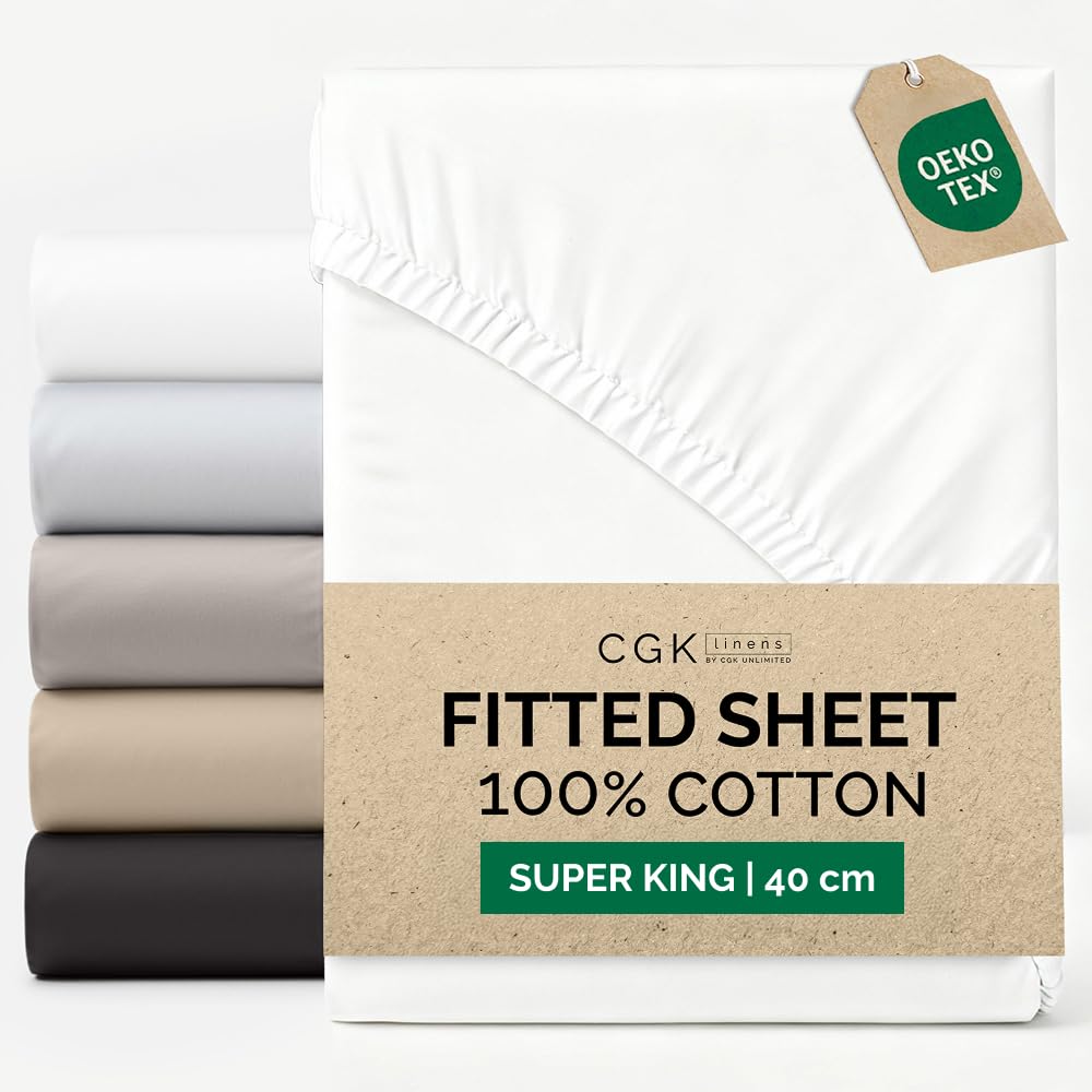 Super King Fitted Sheet 180x200 cm - 100% Cotton Sateen 400 Thread Count - Extra Deep Fitted Sheet for Mattresses up to 40 cm (16") - Soft, Breathable, Wrinkle Free - OEKO-TEX Certified - White