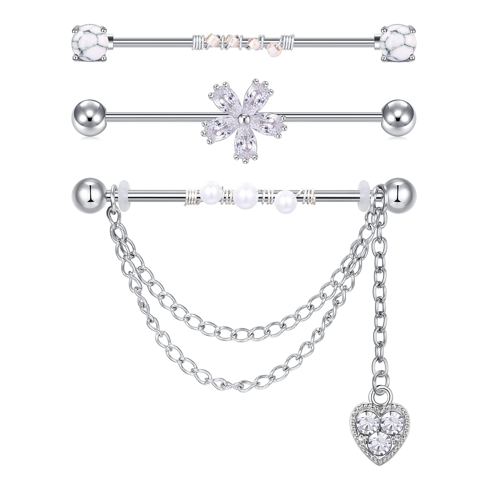 D.Bella 14g Industrial Bar Piercing Dangle 38mm Industrial Barbell Stainless Steel Cartilage Earrings CZ Industrial Piercing Jewellery 1.6mm Scaffold Piercing Bar