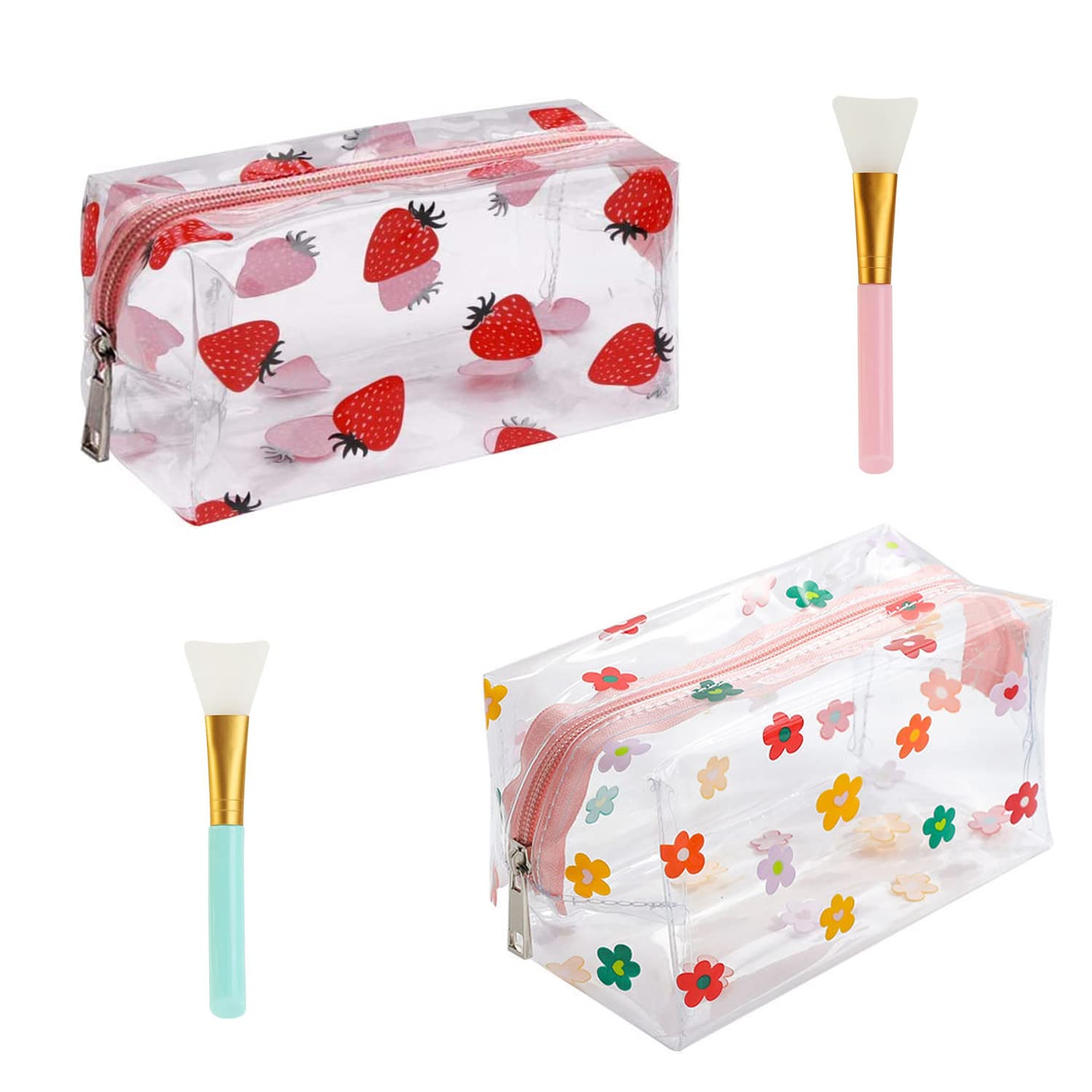 2-Pack Clear Cosmetic Bag, with 2 Silicone Brushes, Portable Makeup Storage Bag, PVC wash Bag, Zipper Pencil case, Cute Cartoon Cosmetic Bag, Travel Accessories