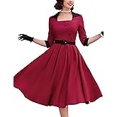 MUXXN Women's 50s Retro Casual Swing Midi Dress 3/4 Sleeve Square A Line Neck Vintage Cocktail Wedding Guest Bodycon Prom