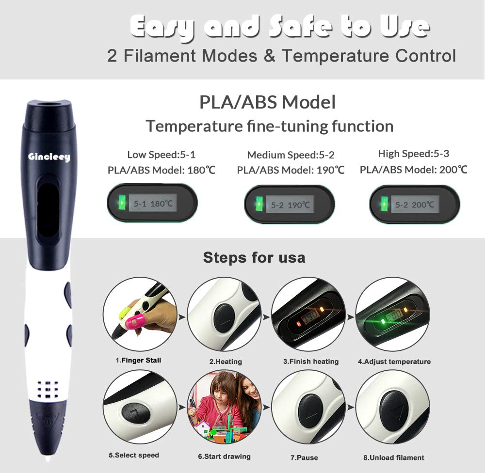 Gincleey 3D Pen，3D Printing Pen for Kids, 3D Drawing Pen with 18 Colors,6 Colors Glow,1.75mm PLA Filament Refills,Temperature Control,Non-Clogging and Easy to Use-White