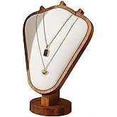 SWTOOL Walnut Color Body Wood Necklace Display Stand with White Leather Soft Mat Necklace Holder Organizer Desktop Stand for Home Store Dresser-3.3"x5.8"x8.4"