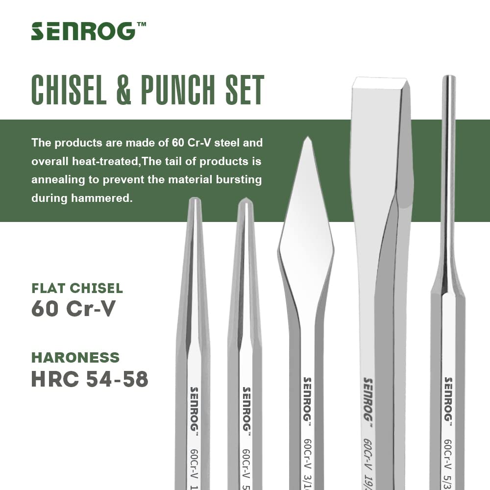 SENROG 12-Piece Punch and Chisel Set, Including Pin Punch, Cold Chisel, Taper Punch, Center Punch, Carrying Case, Widely Used in Factories, Repair Shops, Home