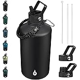BJPKPK 1 Gallon Water Bottle with Straw Lid, 128oz Large, Stainless Steel Water Bottles with 3 Lids and Paracord Strap, Double Wall Vacuum Metal Water Jug, Black
