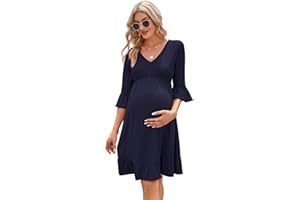 Coolmee Women's Maternity Short Sleeve Ruffle Dress V Neck Summer Casual Smocked Flowy Midi Dress for Baby Shower Photoshoot