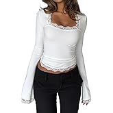 Women Square Neck Lace Long Sleeve Top Y2k Lace Trim Slim Fit Basic Blouse Casual Fall Going Out Trendy Shirts