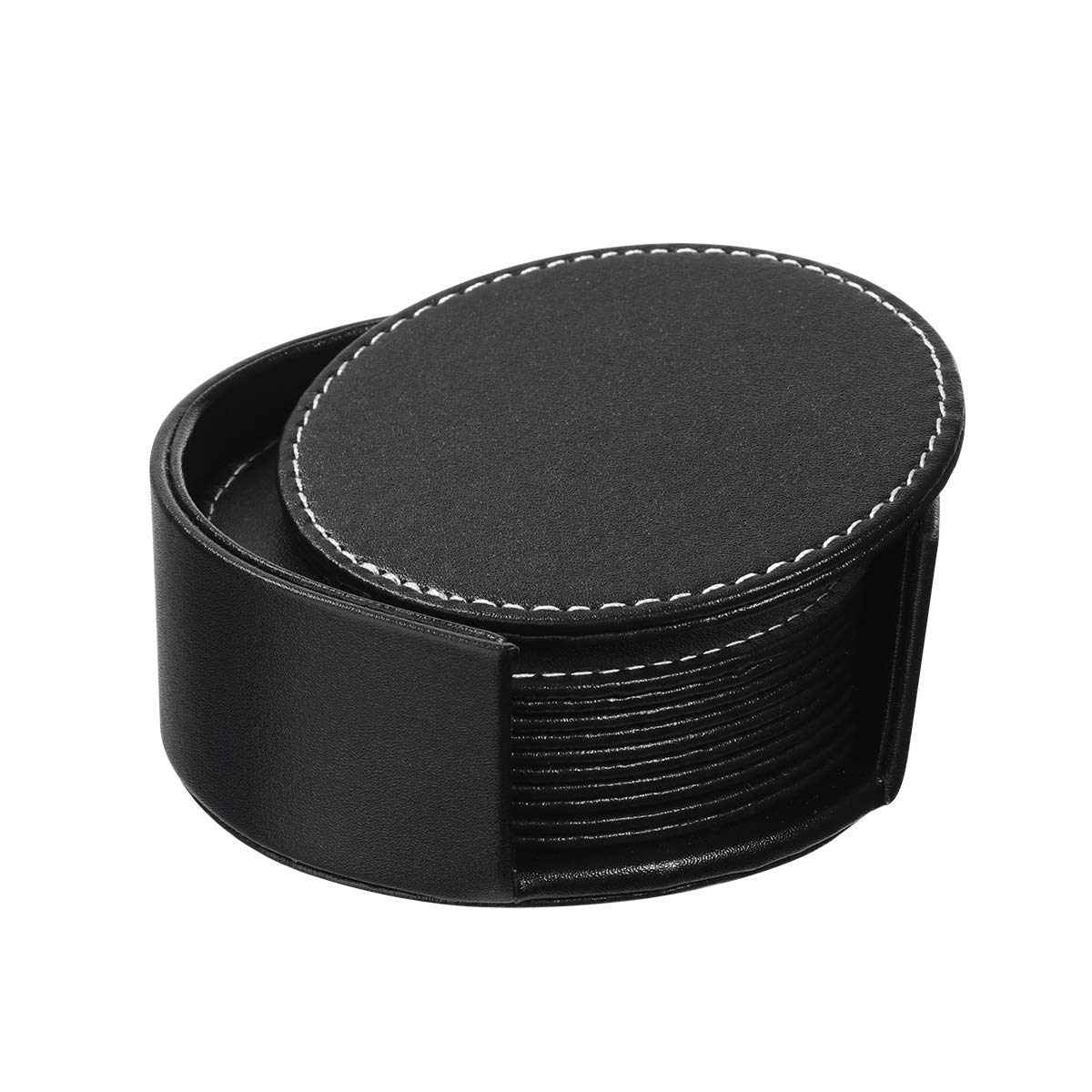 OUNONA Coasters Set of 6 PU Leather Coasters Cup Mat Table Set for Drinks with Holder Protect Your Furniture from Stains (Black)