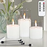 GenSwin Rechargeable Flameless Candles with Remote Timer, Clear LED Battery Operated Candles with Flickering Flame, Glass and Real Wax Pillar Candle Holiday Home Decor(Set of 3, D3”xH4”5”6”)