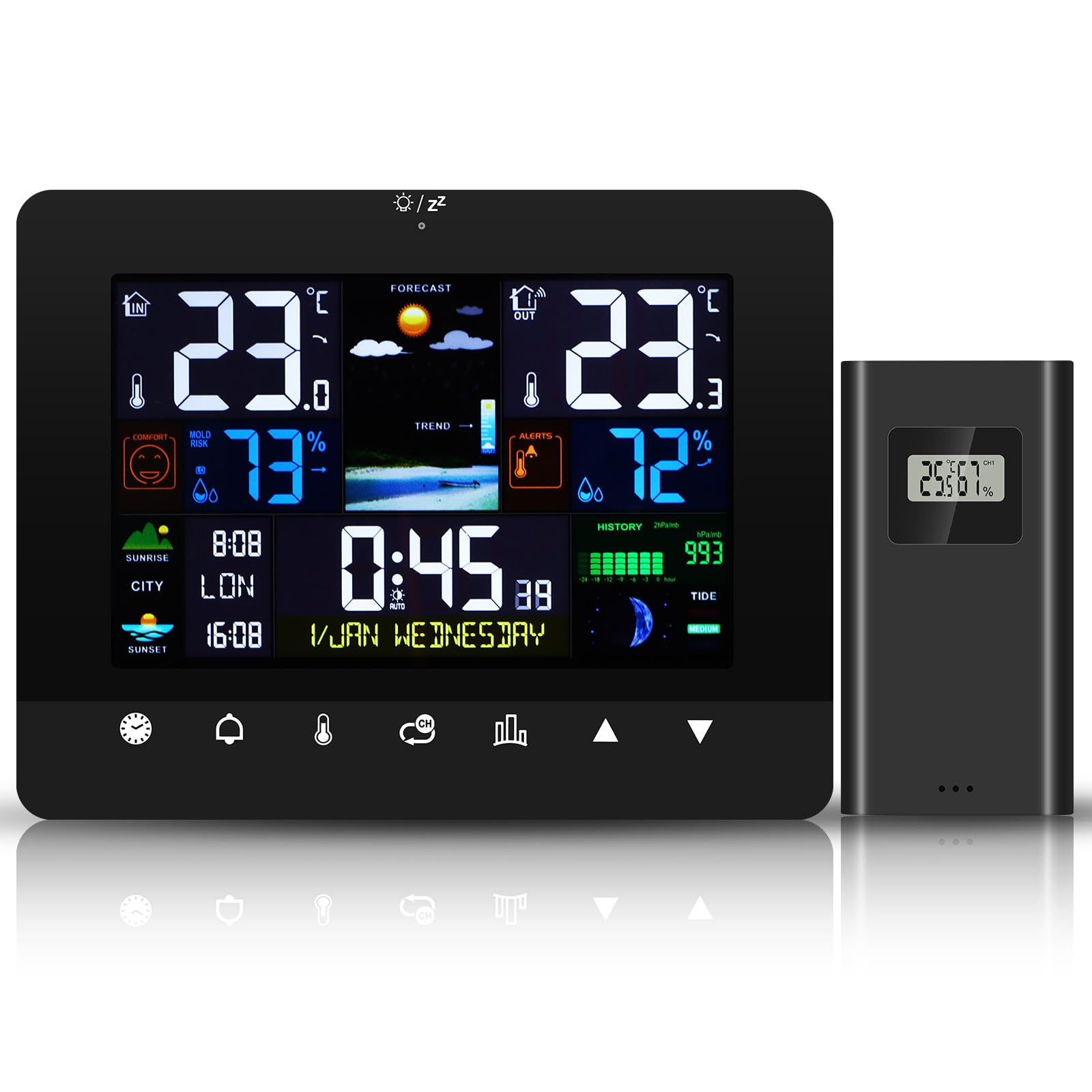 ALLOMN Weather Station with Outdoor Indoor Sensor, Touch Weather Clock Color Display Wireless Digital Weather Station with Temperature/Humidity/Barometric/Forecast/Dual Alarms, Adjustable Backlight