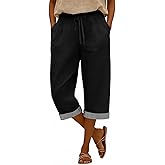 Rjognt Capri Pants for Women Cotton Linen Casual Summer 2026 Elastic High Waist Wide Leg Loose Drawstring Cropped Trousers