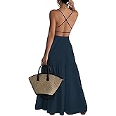 SHENHE Women's Backless Cami Dress Criss Cross Open Back Flowy Dress Ruffle Summer Vacation Maxi Sundress