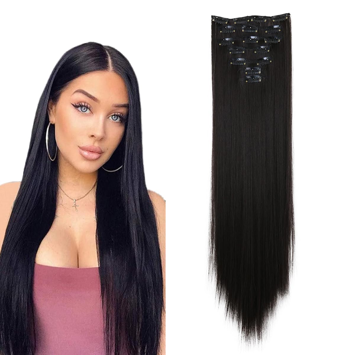 prinfantasy Clip in Hair Extensions Thick Stright High Temperature Synthetic Long Hair Pieces Natural Black, MW146 — image 1