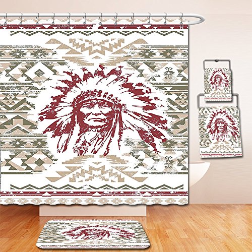 Nalahome Bath Suit: Showercurtain Bathrug Bathtowel Handtowel Native American Retrp Eagle Heart Chief Trail Grunge Effects Ethnic Geometric Motif Tan Sage Green Red