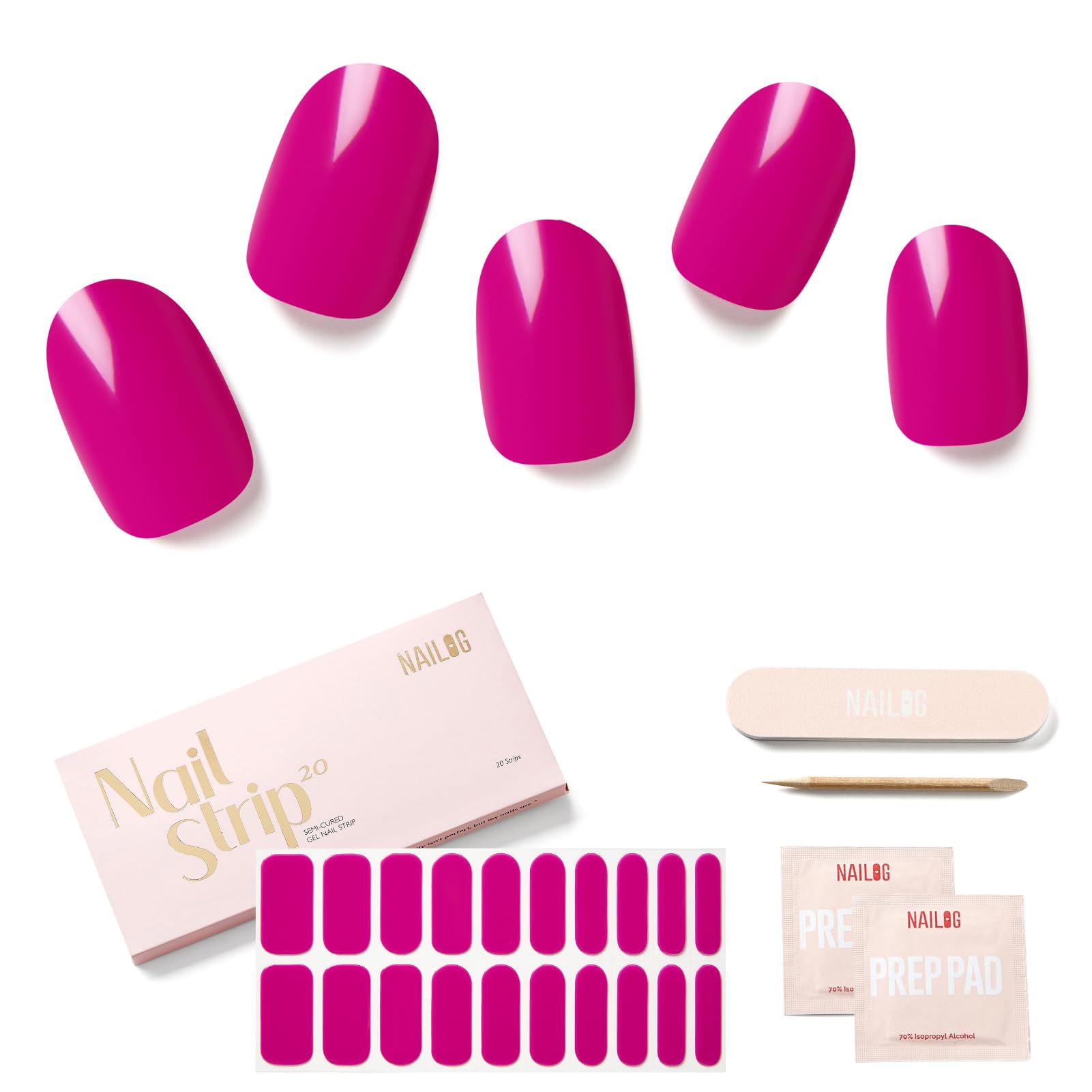 NAILOG Semi Cured Gel Nail Strips, Extra Long Nail Polish Strips (20 Pieces),UV/Led Lamps Nail Stickers with Soft Glossy Gel Finish,Magen — image 1