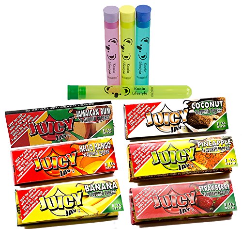 Juicy Jay's Mixed 1 1/4 Flavored Cigarette Rolling Papers Variety Pack (32 Pack x 6 = 192 Papers) | Bundle with 4 Koala Doob Tubes - Tropical Beach Flavor
