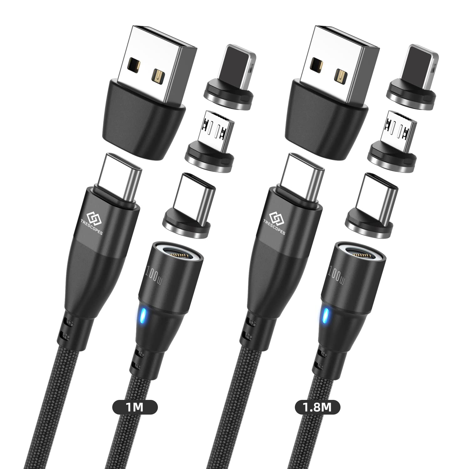 Trescopes 6-in-1 PD100W Magnetic Charging and Data Cable, USB A/C to Type C, I-Products and Micro USB 1 Meter + 2 Meter [2 Pack]