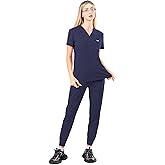 Meidiero Scurbs for Women Set, Classic V-Neck Scrub Top & Jogger Pant, Cool Stretch Medical Uniform