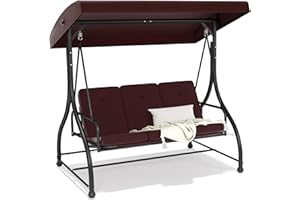 FUNG YARD 3-Seat Outdoor Patio Swing Glider - Heavy Duty Steel Frame with Adjustable Canopy & Removable Cushions - All Weather Porch Swings Chair for Backyard, Garden, Poolside - Brown