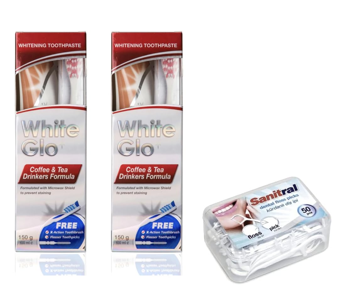 White Glo Premium Coffee & Tea Drinkers Formula Intense Extra Whitening Toothpaste & Toothbrush-100 ml (Pack of 2) with Sanitral 50 Pcs Dental Floss Stick Included as a Gift