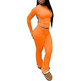 Women's 2 Piece Lounge Sets Crop High Wasit Foldover Flare Leggings Pants Casual Workout Outfits Tracksuit