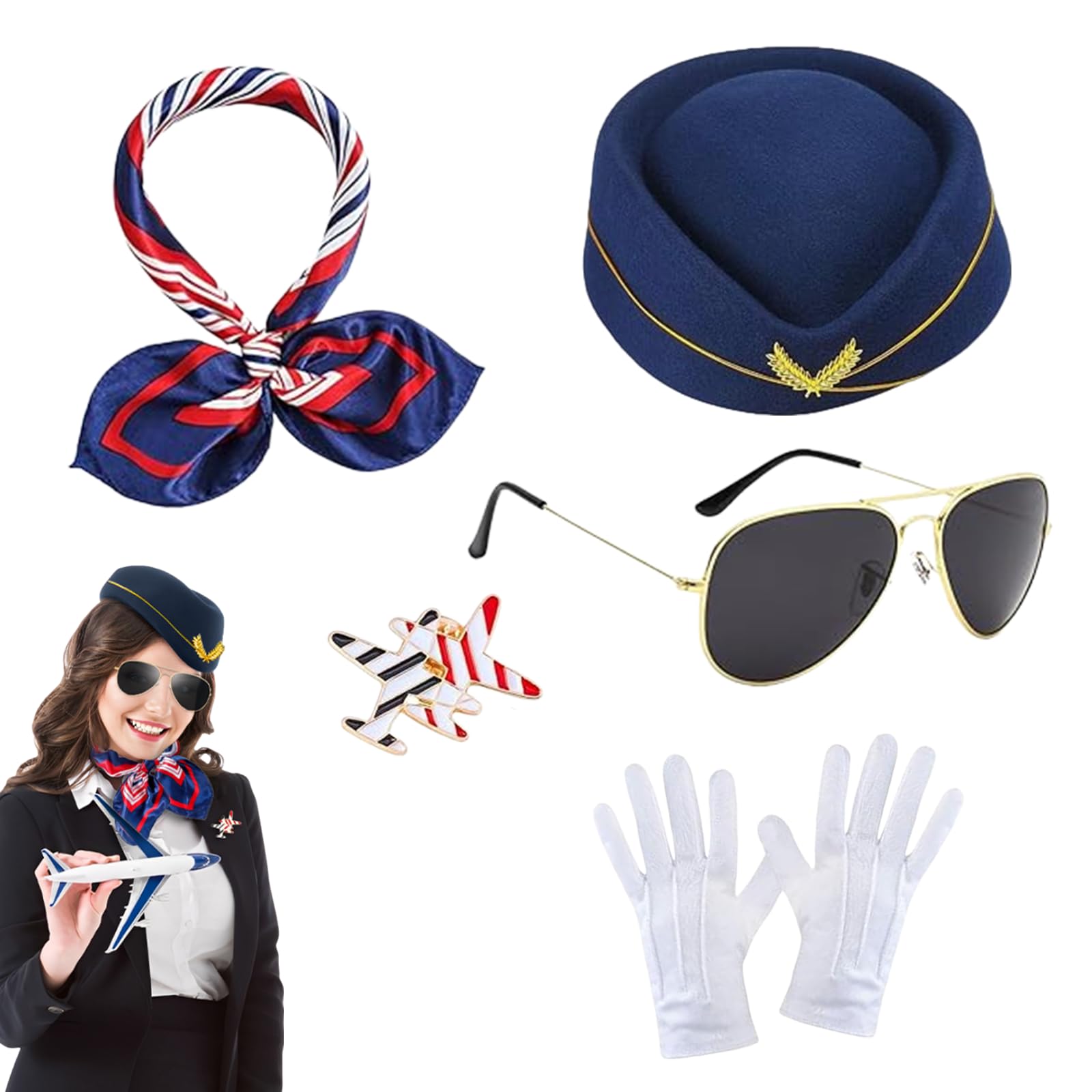 GWAWG 4 Piece Professional Flight Attendant Costume Women's Theme Carnival Costume One-Stop Set with Hat Gloves Brooch Suitable for Halloween, Cosplay, Party, Activities