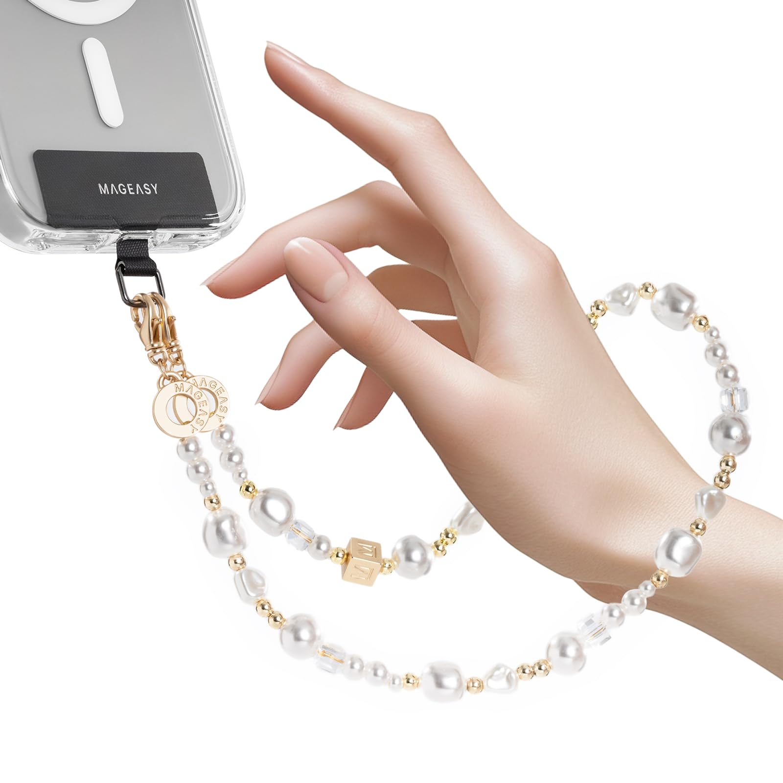 Photo 1 of MAGEASY Phone Charm for Women - Cell Phone Wrist Strap with Teather Tab, Designed for iPhone & Android Phones, Keychain, Camera - Pearl Series, White Pearl