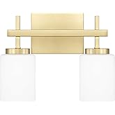 Quoizel Wilburn Modern LED Bath Vanity Lights, 13 Inch 2-Light Satin Brass Bathroom Lighting Fixtures Over Mirror, Opal-Etche