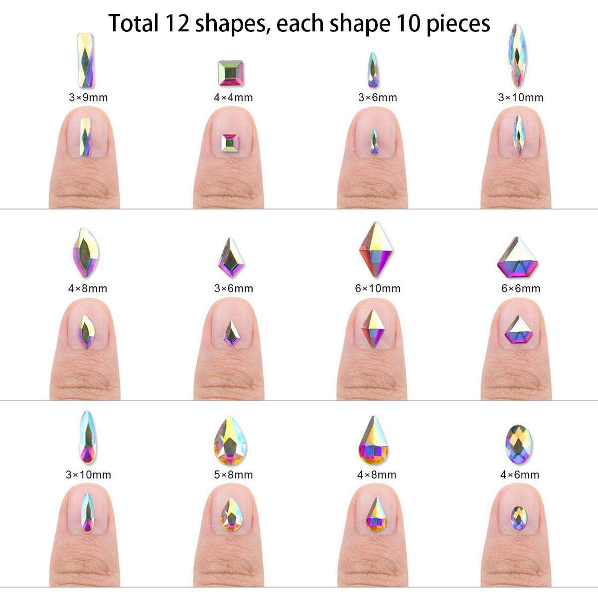 120 Pcs Multi Shapes Glass Crystal AB Rhinestones For Nail Art Craft, Mix 12 Style FlatBack Crystals 3D Decorations Flat Back Stones Gems Set (120 pcs Crystals+1728 pcs rhinestones): Beauty