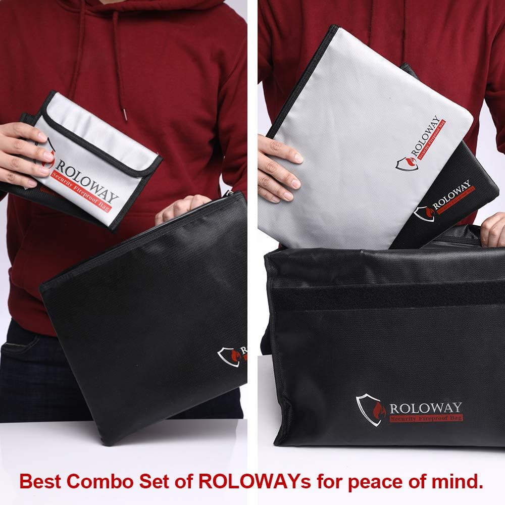 ROLOWAY Fireproof Document Bag (13.4 x 9.8 inches), Fireproof Money Bag for Cash, A4 Documents with Zipper & Strap (2-Pack) - - 