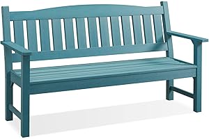 EFURDEN Outdoor Bench, 3-Person Garden Bench Made of Poly Lumber, Patio Bench Suitable for All Weather, Blue