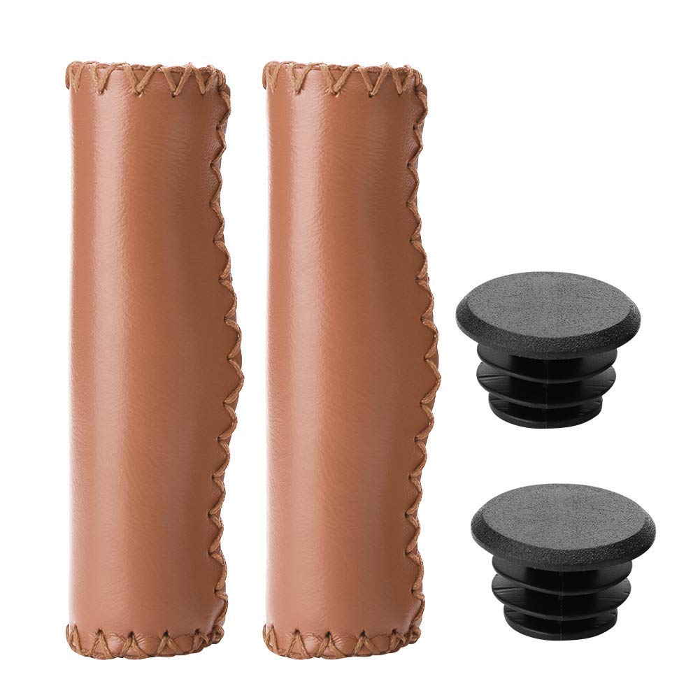 1 Pair Bike Handlebar Grip Hand-Stitched PU Handle Bar Grips with Plug for BMX, Mountain and Folding Bike(Brown)
