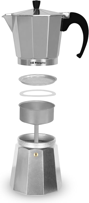Orbegozo KF 600, cafeteira italiana, capacidade para 6 xícaras, adequada para fogão a gás, elétrico e cerâmico, punho ergonômico, válvula de segurança, interior fácil de limpar, cor prata