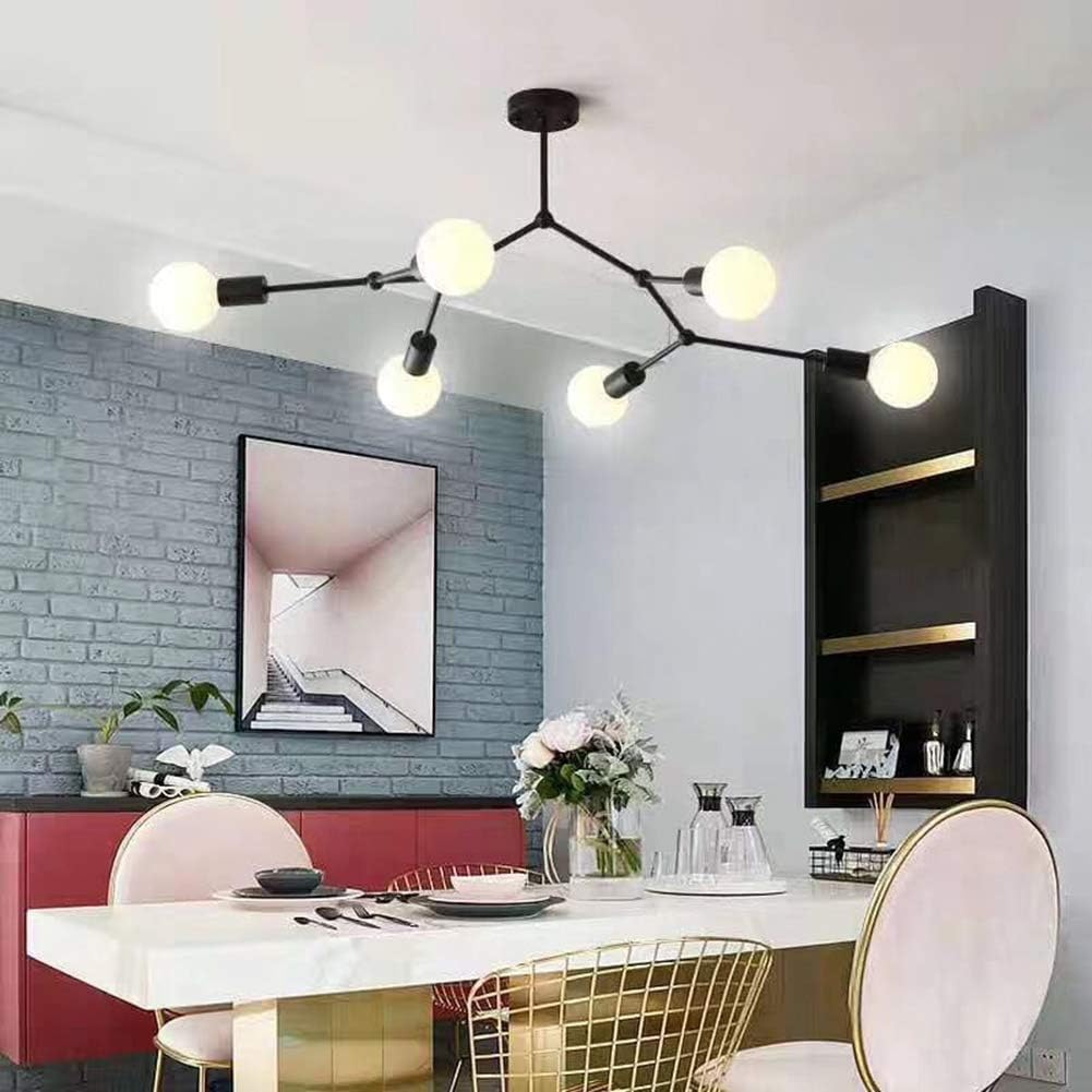 Nordic Iron Minimalist Chandelier Personality Molecular Chandelier,Modern 6 Lights Sputnik Chandelier Ceiling Light Fixture [Energy Class A++],Black