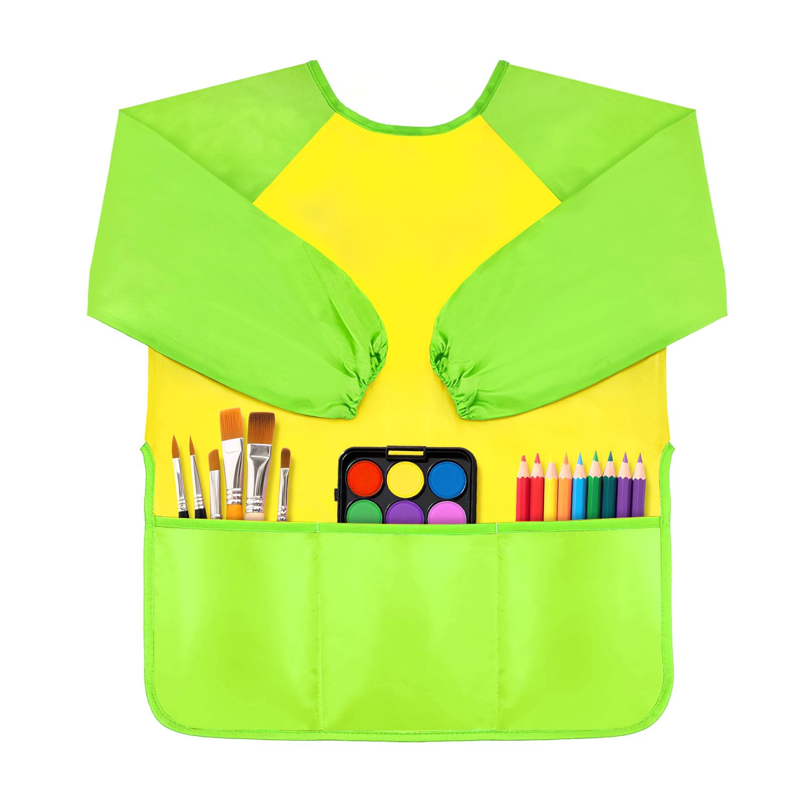 DaiUni Art Smock for Kids, Toddler Paint Smock, Kids Painting Apron, Waterproof Children Artist Craft Apron With Long Sleeve and 3 Pockets for Age 2-6 (Lime Green)