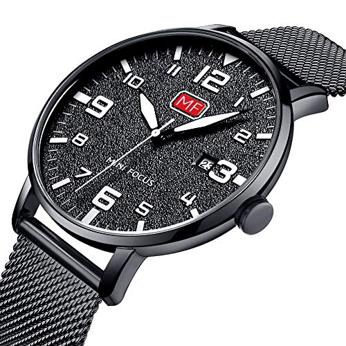 Men's Analog Quartz Watch with Numbers Date Waterproof Black Stainless Steel Mesh Band Fashion Casual Dress Wrist Watches for Men