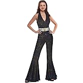 Uezjymi 70s Disco Outfits For Women Sparkle Flare Jumpsuit Party Costume For Adult Women