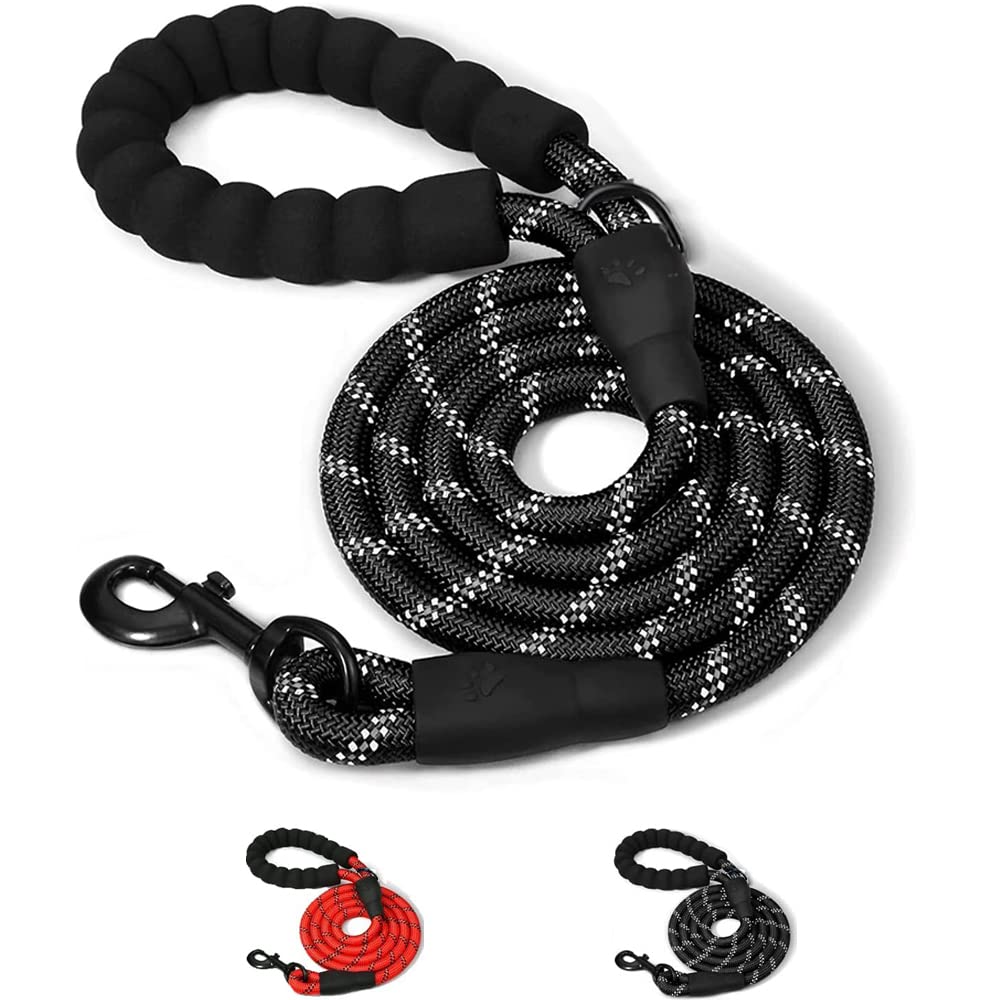 5ft Dog Lead with Comfortable Padded Handle, Strong Dog Leads with Highly Reflective Threads, Rope Dog Lead with 1cm Thickness for Small Dogs (Black)