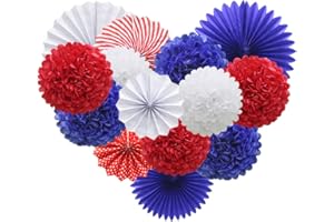 ADLKGG Navy Blue Red White Hanging Paper Party Decorations, Round Paper Fans Pom Poms Flowers Set for 4th of July Day Patriotic Decorations Birthday Wedding Graduation Baby Shower