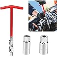 Yumfugu 3 PCS Car Spark Plug Socket, T-Handle Non-Slip Socket Set with 5/8"/16mm and 13/16"/21mm Wrench, 360 Degree Multi-Angle Spark Plug Tool, Universal for Car Disassembly Parts (Red & Silver)