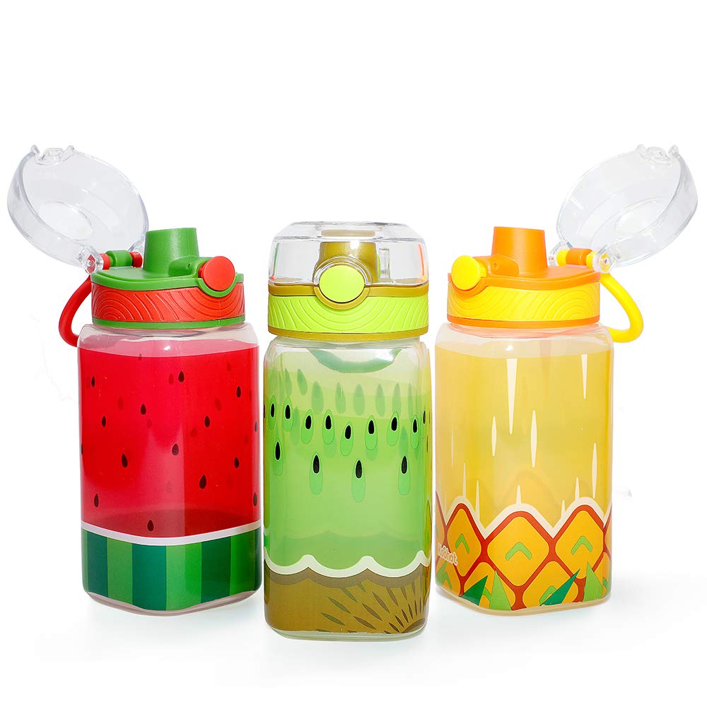 Home Tune Kids Water Drinking Bottle (440ml) - BPA Free, Wide Mouth, Auto Flip Cap, Chug Lid, Easy Open, Lightweight, Leak-Proof Water Bottle with Cute Design For Girls & Boys - 3 Pack Fruit